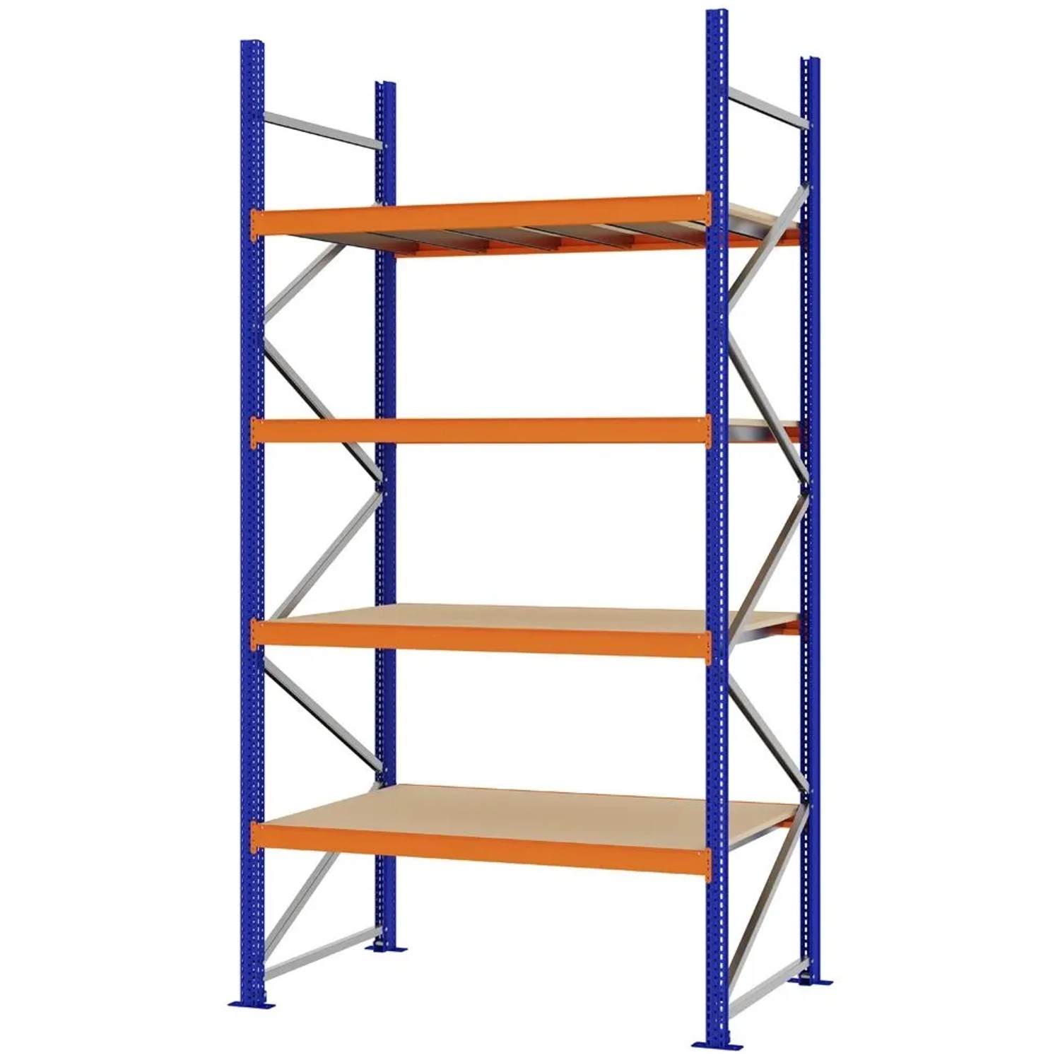 PROREGAL Weitspannregal Schraub-Stecksystem MAGNUS PRO Made In Germany Grundregal 300x150x80cm 4 Ebenen Spanplattenböden Fachlast 750kg Blau/Orange