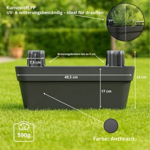 2er Set anthrazitfarbene Blumenkästen 50cm für Balkongeländer mit Halterung und Wasserspeicher.