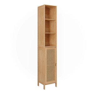 Vicco Badschrank Liora aus Bambus, 30x170 cm, mit offener Ablage und Rattantür.