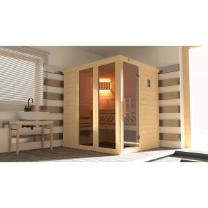 Weka Massivholzsauna Kemi Panorama mit Glastür und Fenster, 7,5 kW Ofen Sparset.