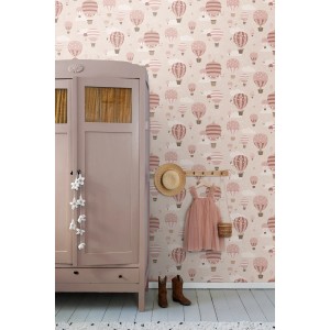 ESTAhome Vliestapete mit rosa Luftballons und Wolkenmuster an der Wand im Kinderzimmer. Dekorative Tapete.