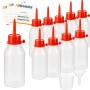 Set aus 10 transparenten Tropfflaschen (100ml) mit rotem Verschluss, Trichter, Messbecher und Etiketten.
