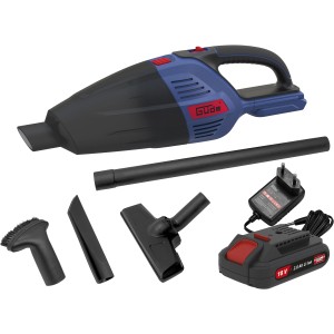 Güde Akku-Handstaubsauger HSS 18-201-05 mit Zubehör wie Düsen und Akku.