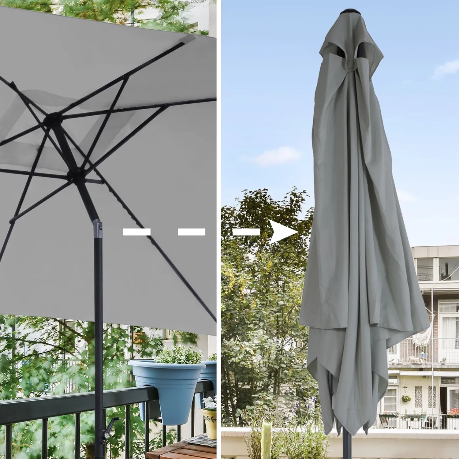 Svita Sonnenschirm 3x2m, rechteckig, hellgrau, geöffnet und geschlossen auf Balkon.