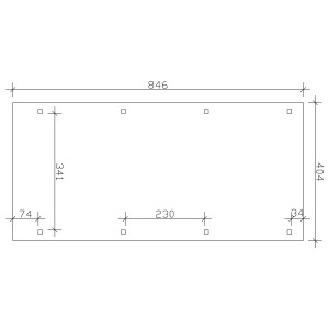 Skizze des Skan Holz Flachdach-Einzelcarports Emsland (404x846cm) mit Maßangaben für Pfosten und Abstände.