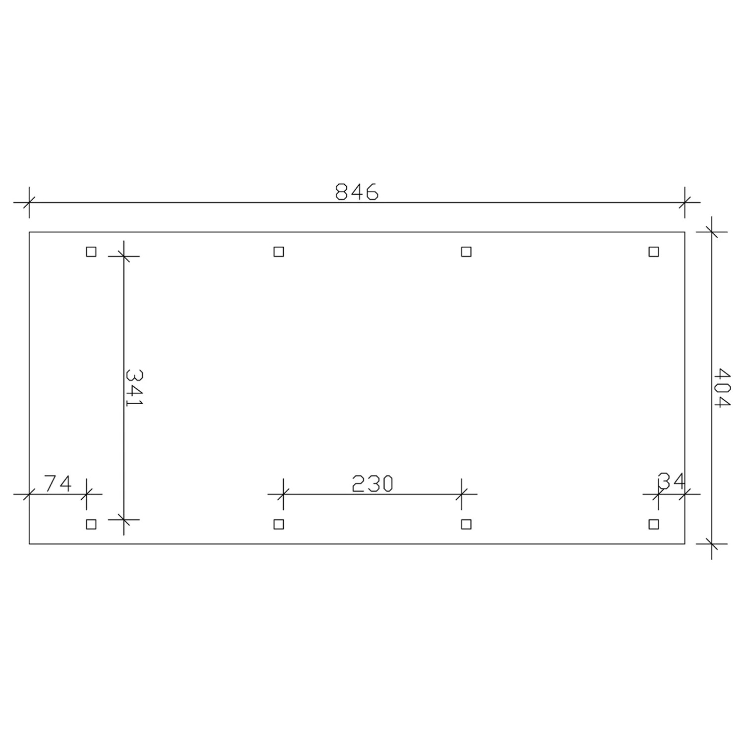 Skizze des Skan Holz Flachdach-Einzelcarports Emsland (404x846cm) mit Maßangaben für Pfosten und Abstände.
