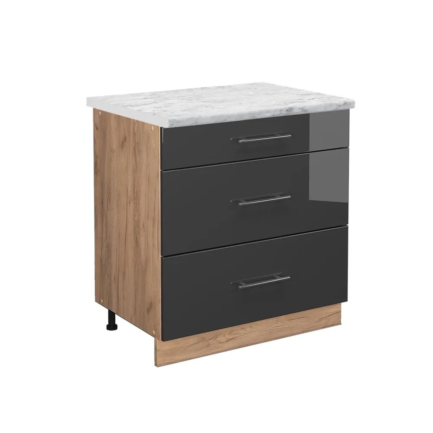 Vicco Küchenunterschrank Fame-Line Anthrazit Hochglanz Goldkraft Eiche 80 cm mit 3 Schubladen AP Marmor