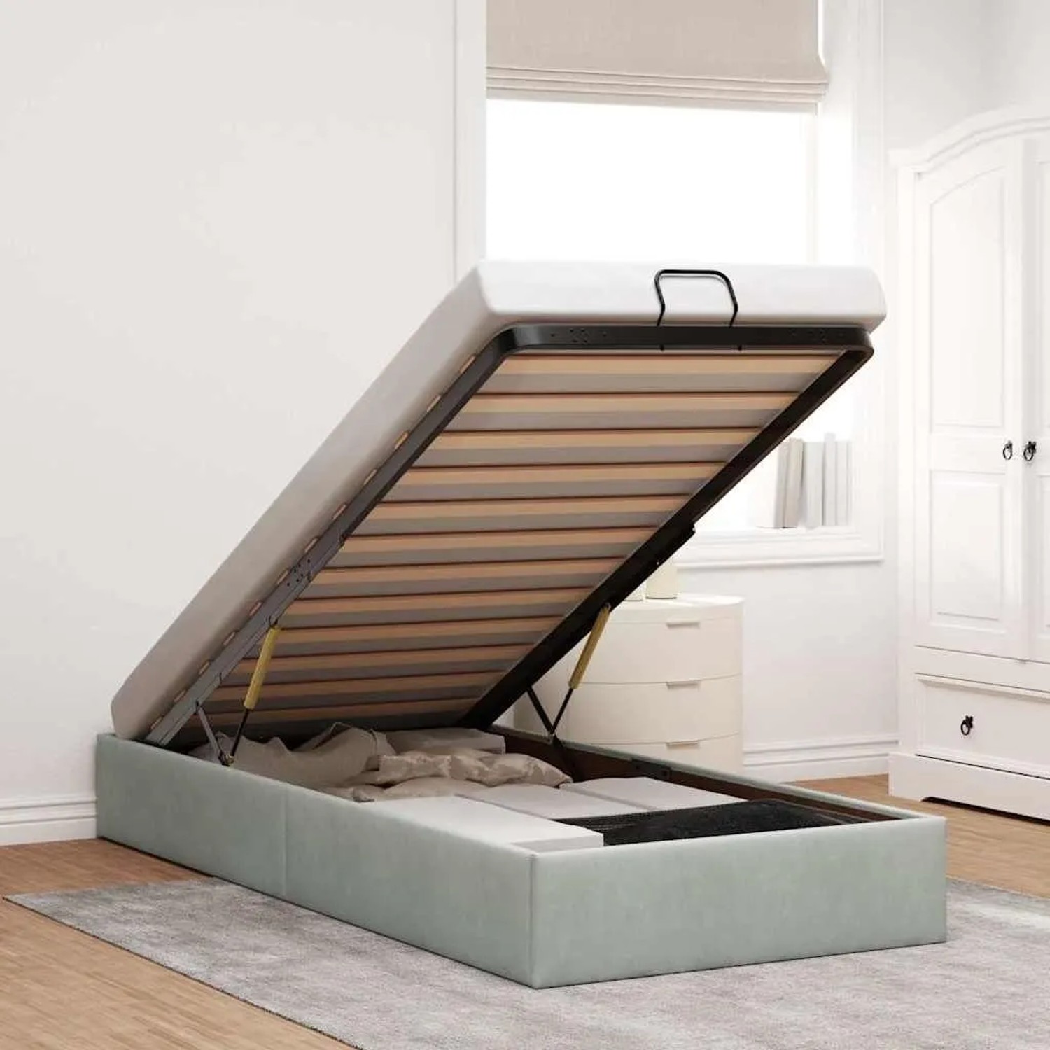 Hellgraues Ottoman-Bett 100x200cm mit Stauraum unter Lattenrost.