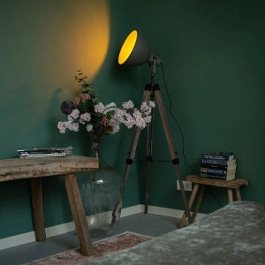 Industrielle Stehlampe QAZQA Laos mit grauem Schirm auf Holzstativ. Beleuchtet grüne Wand im Wohnzimmer.