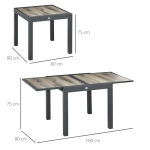 Ausziehbarer Outsunny Gartentisch aus Aluminium mit beiger Kunststoffplatte, von 80x80 cm auf 160x80 cm.