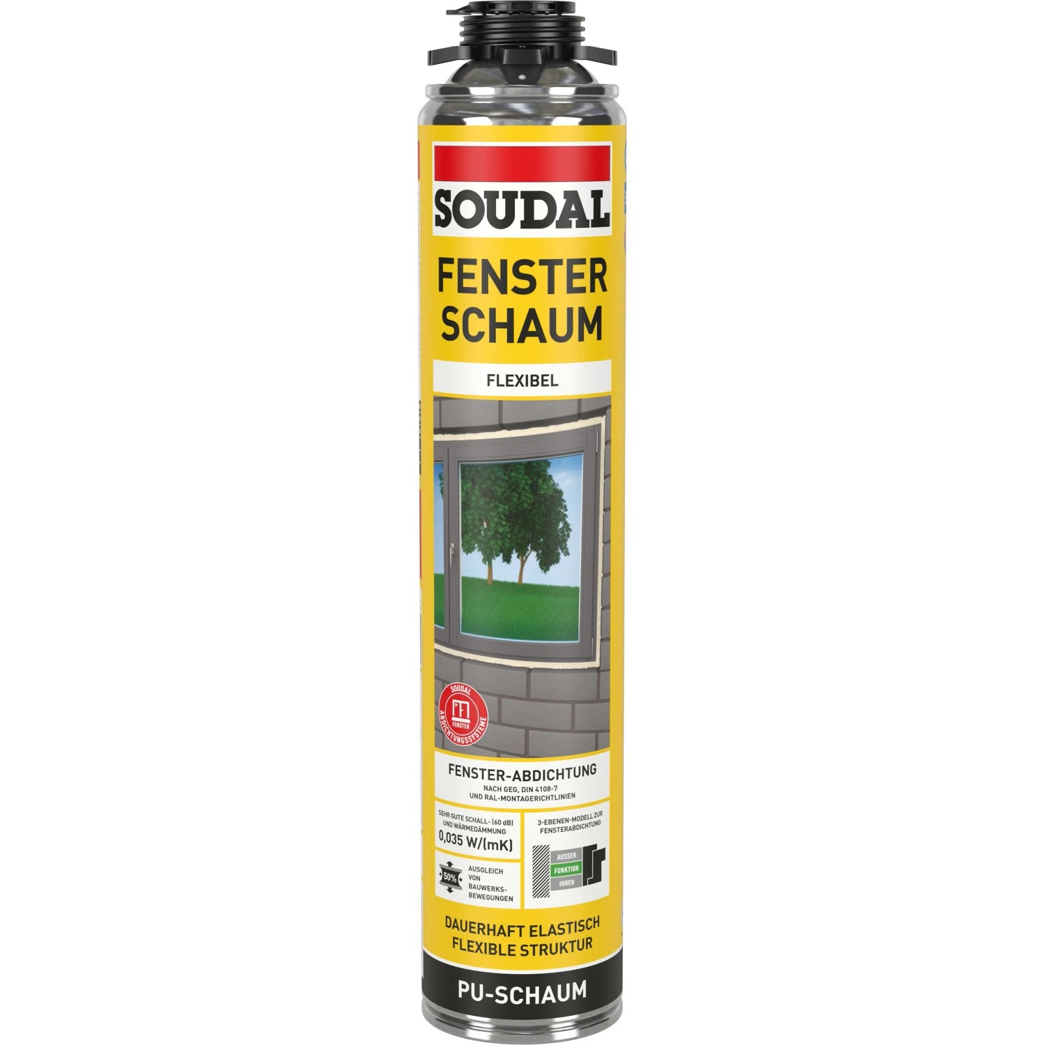 Soudal Fensterschaum B2 750 ml. Gelbe Spraydose für Fensterabdichtung, dauerhaft elastisch, flexible Struktur.