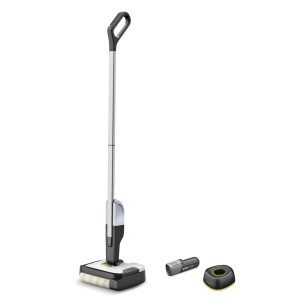 Kärcher Akku-Hartbodenreiniger FC 2-4 in Weiß-Schwarz mit Akku und Ladestation.