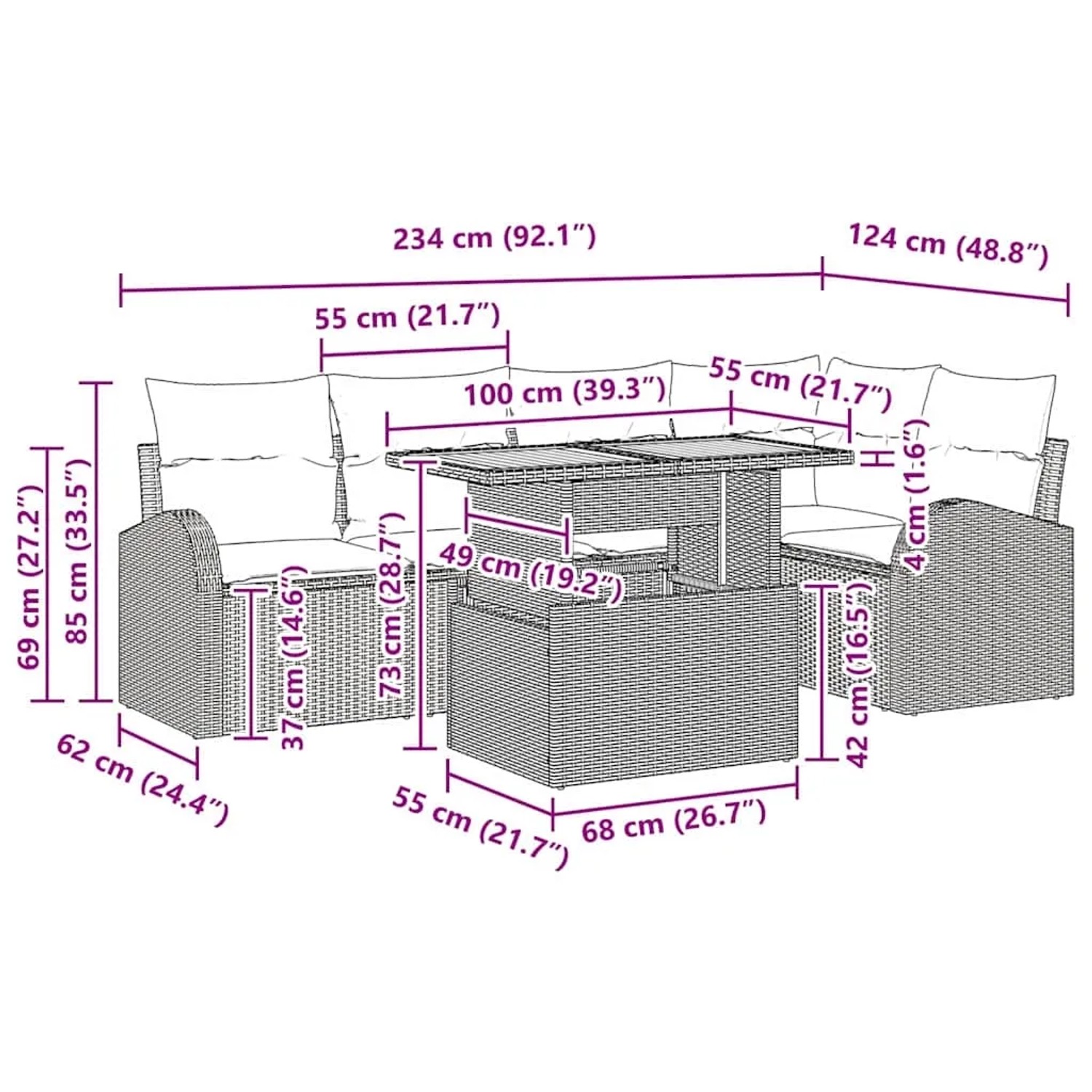 vidaXL Gartenmöbel-Set, 6-teilig, schwarz, Poly Rattan, mit Tisch und Stauraum.