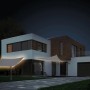 Graues, dreieckiges LED-Sonnensegel Belvedere spendet Schatten und Licht am Haus.