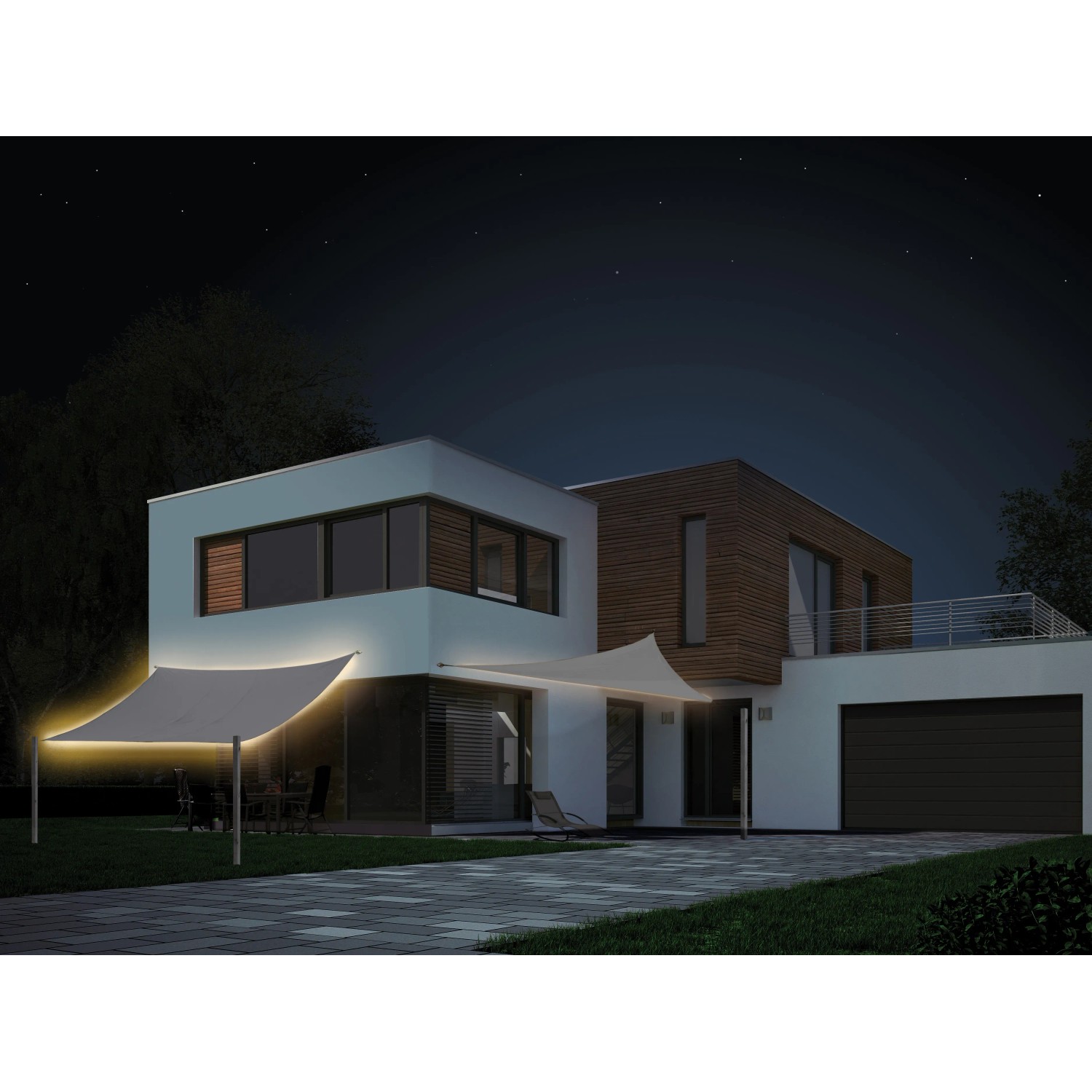 Graues, dreieckiges LED-Sonnensegel Belvedere spendet Schatten und Licht am Haus.