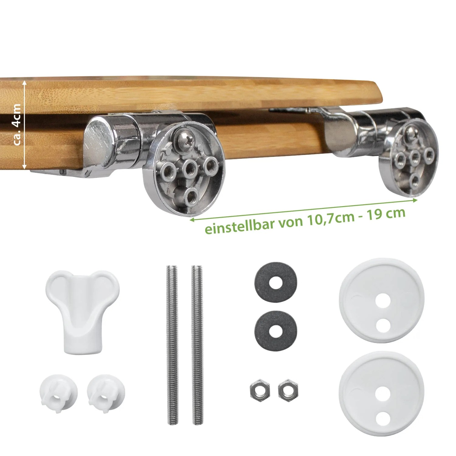 Montage-Set für Banjado WC-Sitz aus Bambus mit Absenkautomatik und blauem Punktmuster.