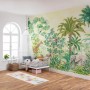 Kinderzimmer mit Fototapete Dschungelabenteuer Grün mit Giraffe, Elefant und vielen weiteren Tieren.