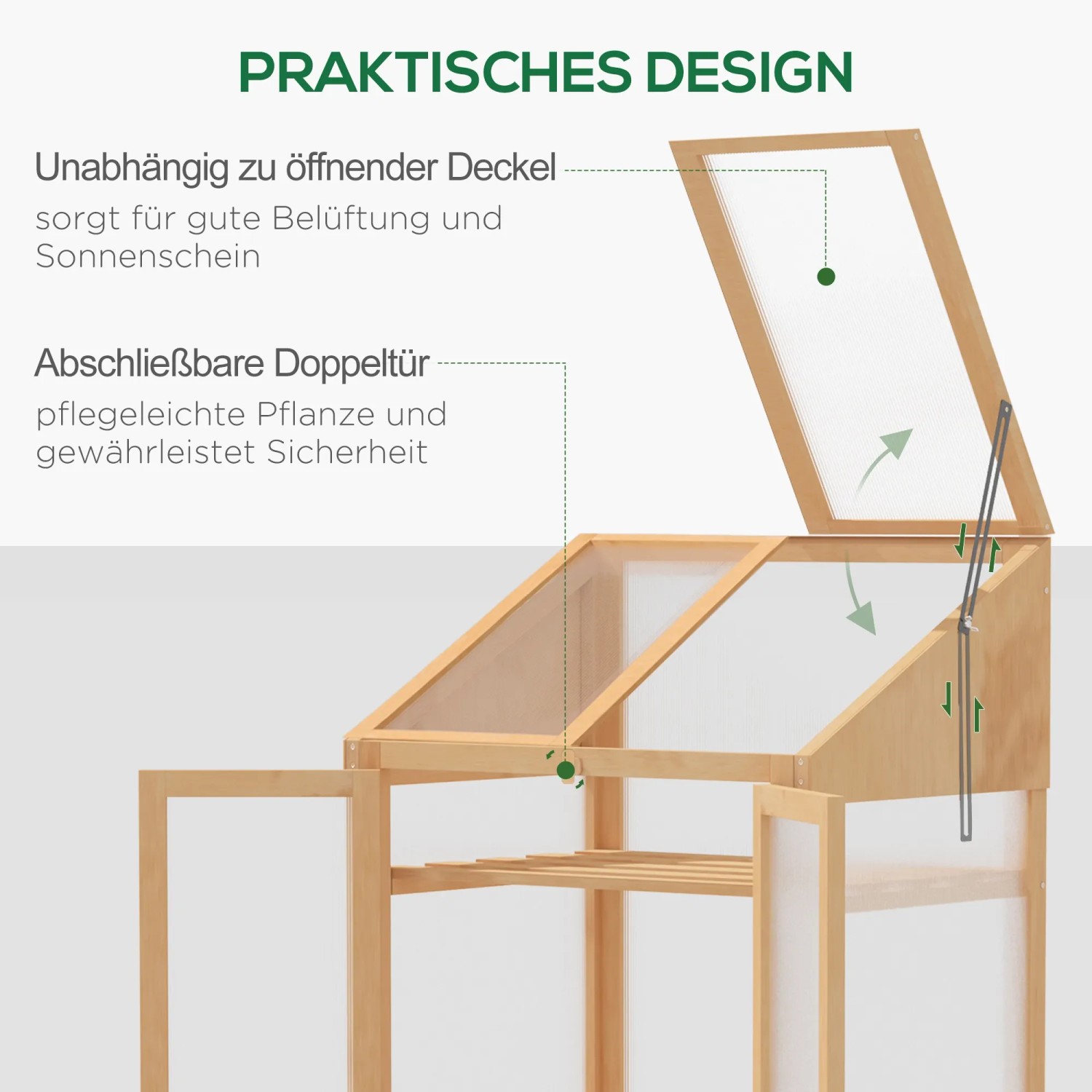 Outsunny Gewächshaus aus Tannenholz, braun, mit Regalen und aufklappbarem Deckel für gute Belüftung.