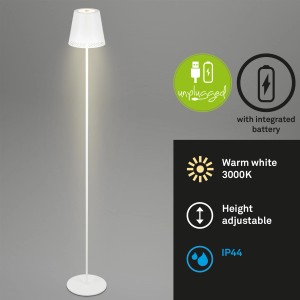 Weiße, höhenverstellbare Brilo Akku Stehleuchte Kiki mit Touchdimmer. Design-Stehlampe mit Akku.