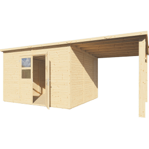 Bertilo Holz-Gartenhaus Borkum 2 mit Anbau, naturbelassenes Weekendhaus aus FSC®-zertifiziertem Holz.