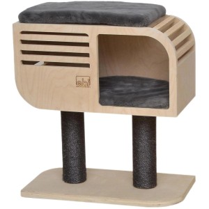 Ebi Katzenkratzbaum Atlas 60 aus Holz mit Sisalstämmen und grauen Kissen.