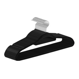 Set aus 30 schwarzen Samt Kleiderbügeln mit drehbarem Haken für die textile Aufbewahrung.