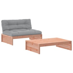 2-tlg. Garten Lounge Set aus Douglasie mit grauen Kissen, bestehend aus Sofa und Tisch.