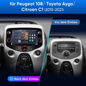 Junsun Autoradio: Vorher-Nachher-Vergleich im Auto. Modernes Touchscreen-Display ersetzt altes Radio in Peugeot 108/Aygo/C1.