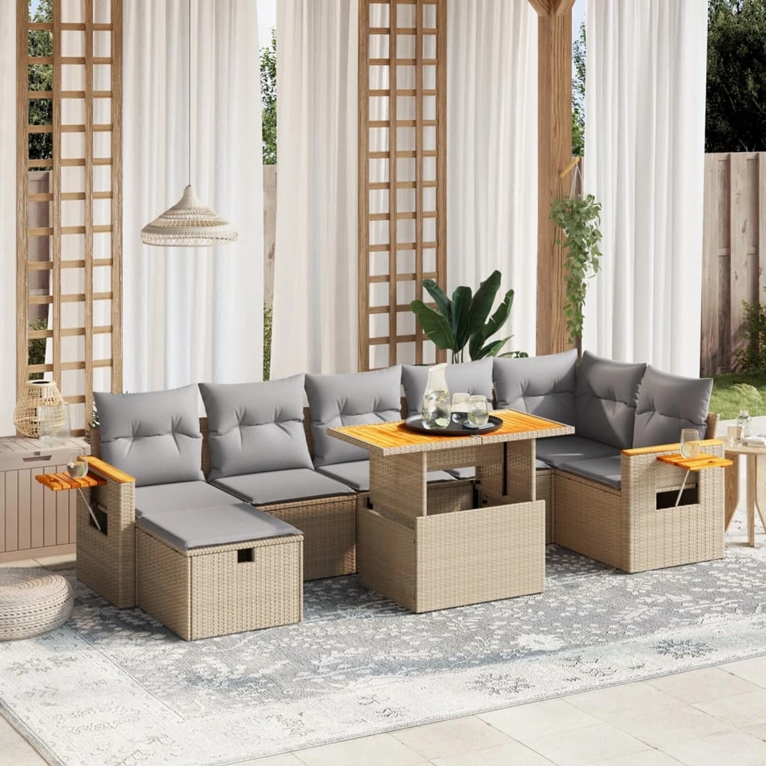 Beige 8-tlg. vidaXL Garten-Sofagarnitur aus Rattan mit hellgrauen Kissen und höhenverstellbarem Tisch.