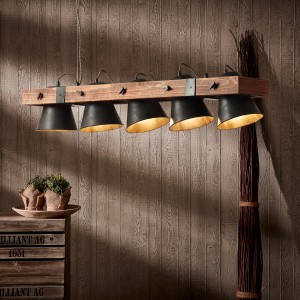 Brilliant Pendelleuchte Plow, 5-flammig, schwarz, aus Stahl und Holz. Hängelampe für den Innenbereich.