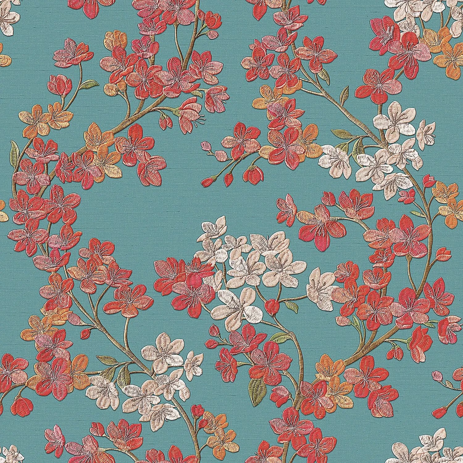 PROFHOME Gr322205-Di Blumen Tapete Floral Blau Orange Beige-Rot Grün 0,53 m x 10,05 m  5,33 m2
