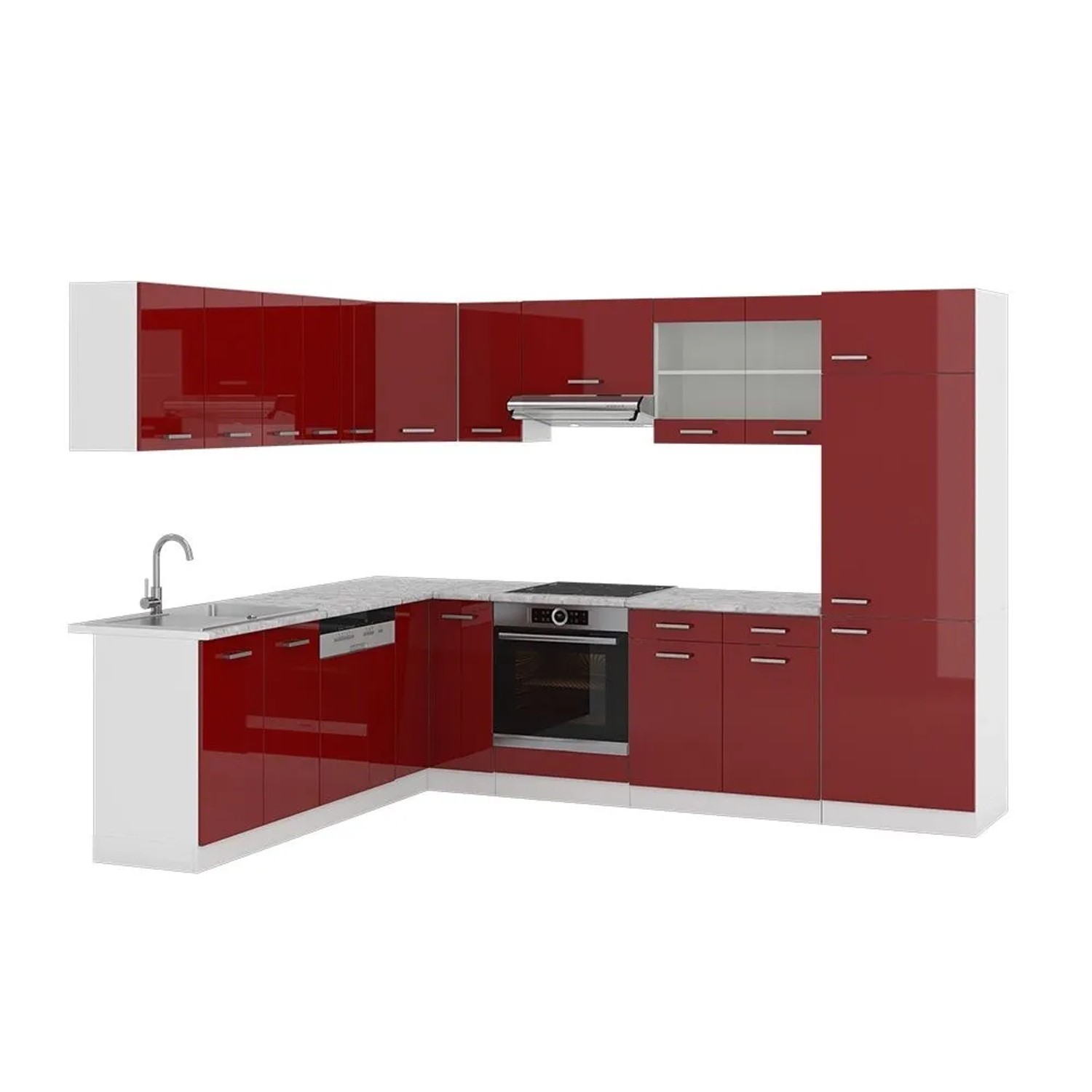 Vicco Eckküche R-Line Rot Hochglanz/Weiß 287 x 82, AP Marmor