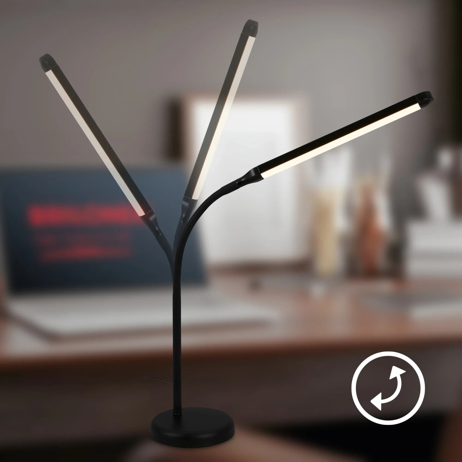 Schwenkbare, schwarze Brilo LED-Tischleuchte Mura mit Touchdimmer, 36,6 cm hoch.