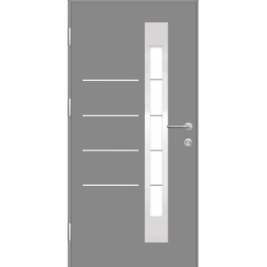 Graue Splendoor Sicherheits-Haustür Berlin Prime RC2 mit Glaseinsatz und Edelstahlgriff.