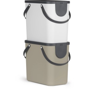 Gestapelte Rotho Albula Mülleimer, 25 l, in Weiß und Taupe. Praktische Abfalltrennung.