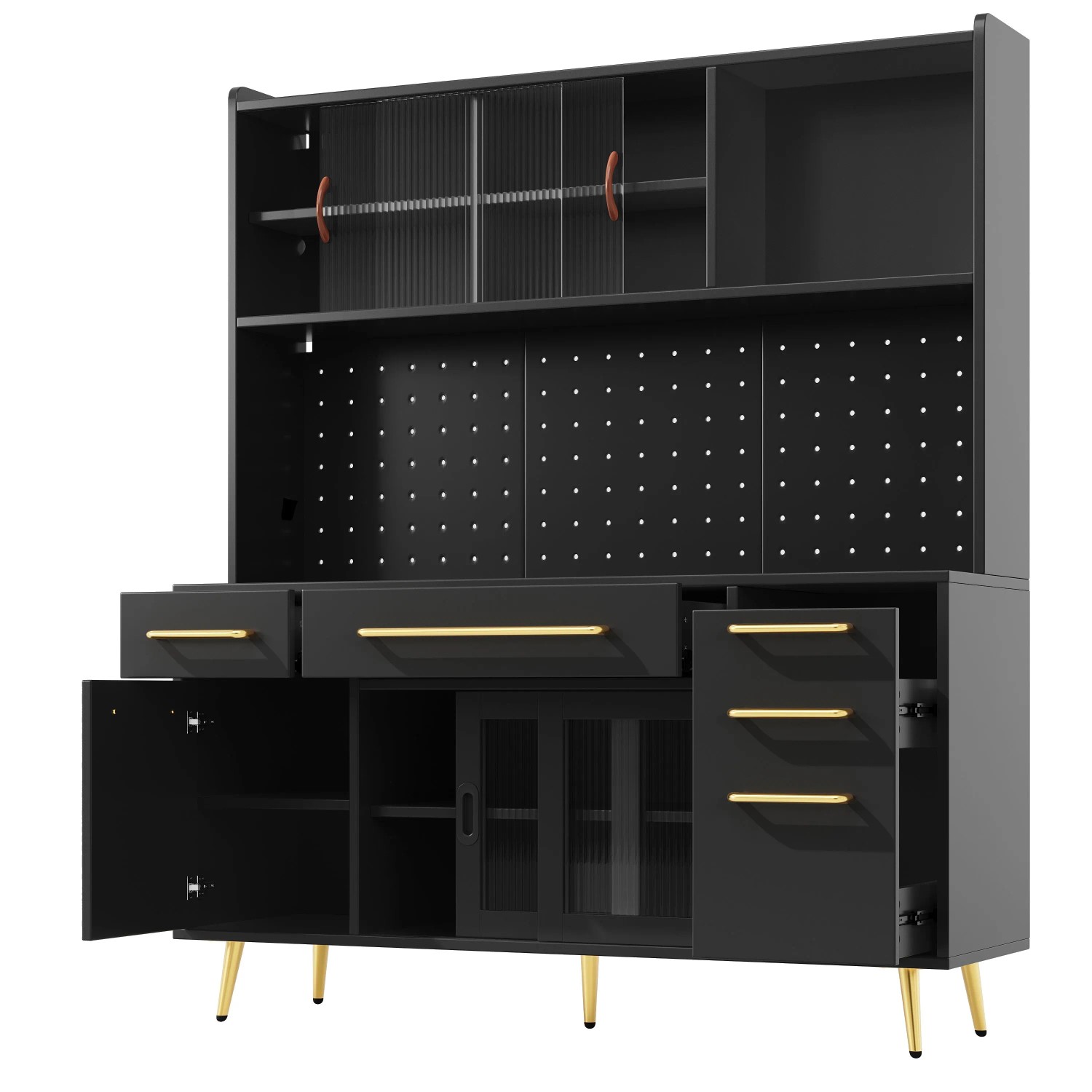 okwish Hochschrank mit LED Beleuchtung Lochwand Schublade Glastür Küche 145x39x171cm Schwarz