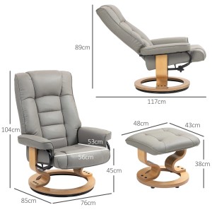 Grauer Relaxsessel mit Hocker, drehbar und verstellbar, Kunstleder, Maße eingezeichnet.