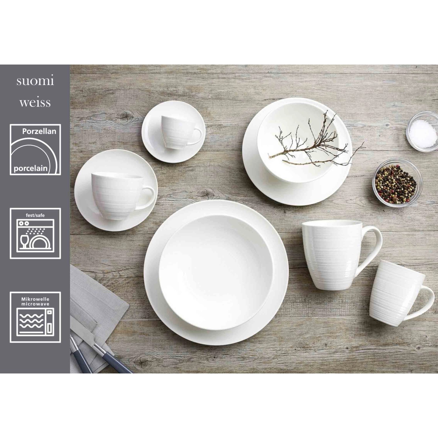 Ritzenhoff & Breker Suomi 12-teiliges Kombiservice in Cremeweiß. Geschirr-Set mit Tellern und Tassen im skandinavischen Design.