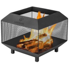 Schwarzer Landmann Feuerkorb FP-I-440-BKXX mit Netzoptik und brennendem Holz.
