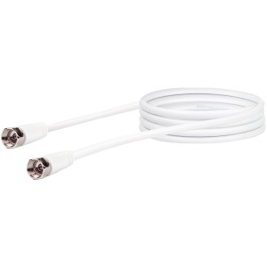 Weißes Schwaiger SAT-Verbindungskabel RG6-U, 1,5 m, mit F-Steckern für Antennenanschluss.
