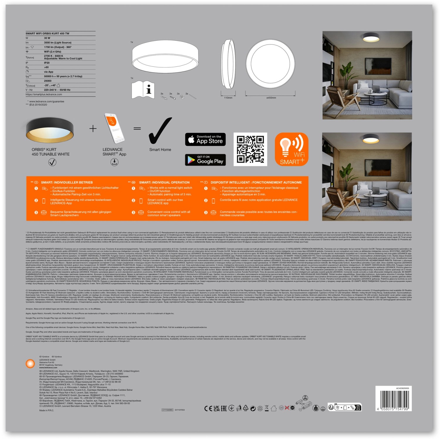 Produktverpackung der Ledvance Smart+ WiFi Deckenleuchte Orbis Kurt, schwarz-gold, Ø 45 cm.