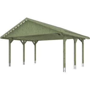 Satteldach-Carport Wallgau, Doppelcarport aus grün imprägniertem Holz mit Dachlattung.