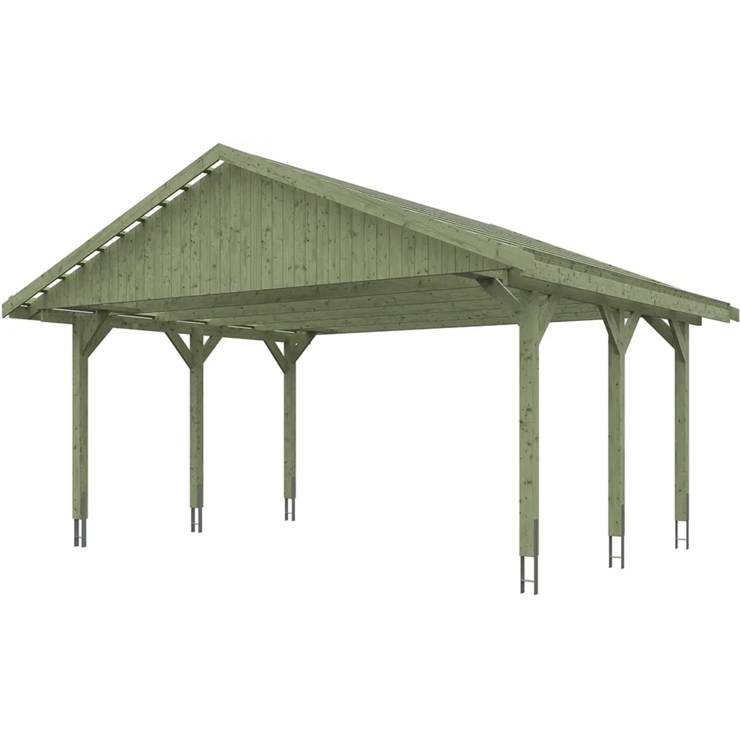 Satteldach-Carport Wallgau, Doppelcarport aus grün imprägniertem Holz mit Dachlattung.