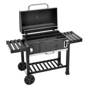 Schwarzer Taino Hero XXL Holzkohlegrill mit offenem Deckel, Gusseisenrost, klappbaren Seitentischen und Rollen. Ideal für BBQ und Smoken.