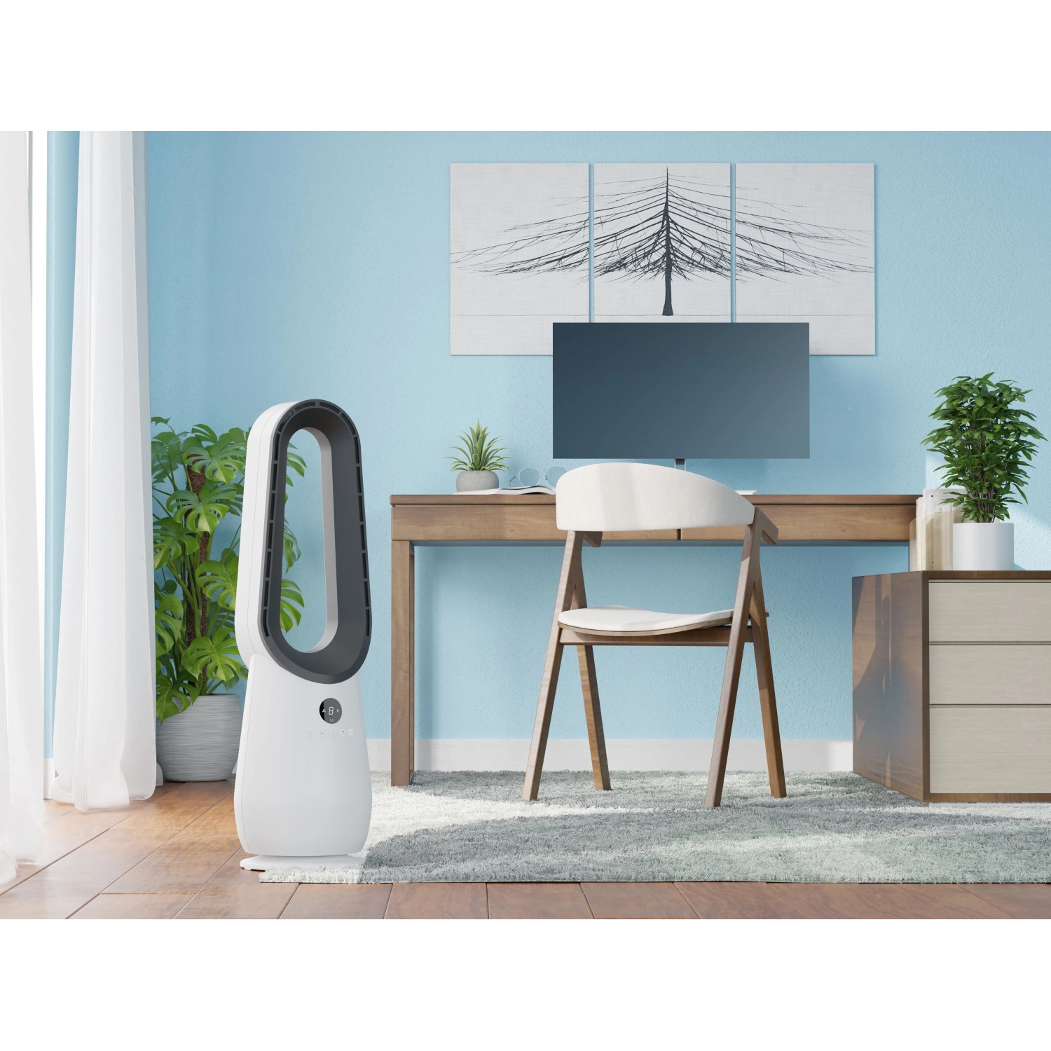 Weißer, rotorloser Ventilator Cool Air TV 70-85 im modernen Wohnraum.