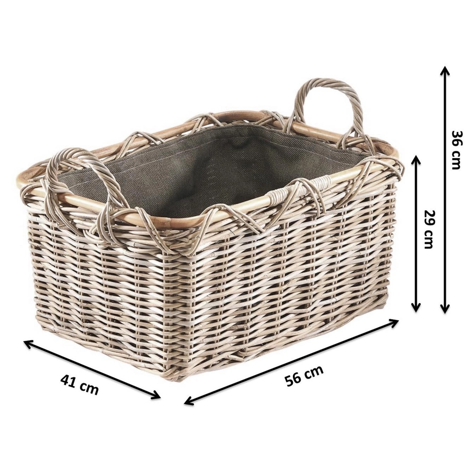 Rechteckiger Kobolo Holzkorb Kubu grey aus Rattan mit Stoffeinsatz und Tragegriffen.