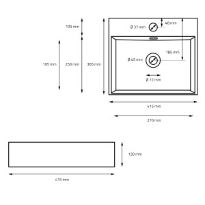 Technische Zeichnung: ML-Design Waschbecken, eckig, schwarz, 415x365x130mm, Aufsatzwaschbecken mit Maßangaben.