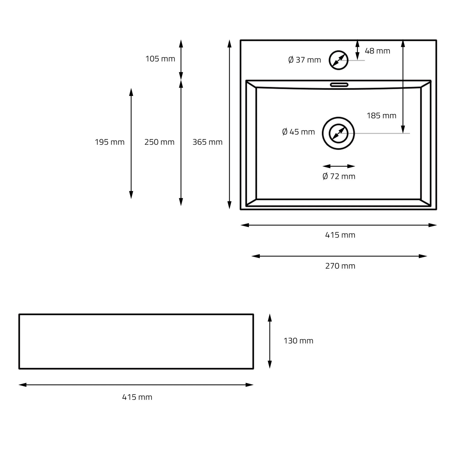 Technische Zeichnung: ML-Design Waschbecken, eckig, schwarz, 415x365x130mm, Aufsatzwaschbecken mit Maßangaben.