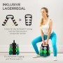 Frau macht Kniebeugen mit SPORTNOW Hantelset auf Ständer. Graue, grüne, türkise Hex-Hanteln (3, 4, 5 kg). Ständer wird zur Kettlebell.