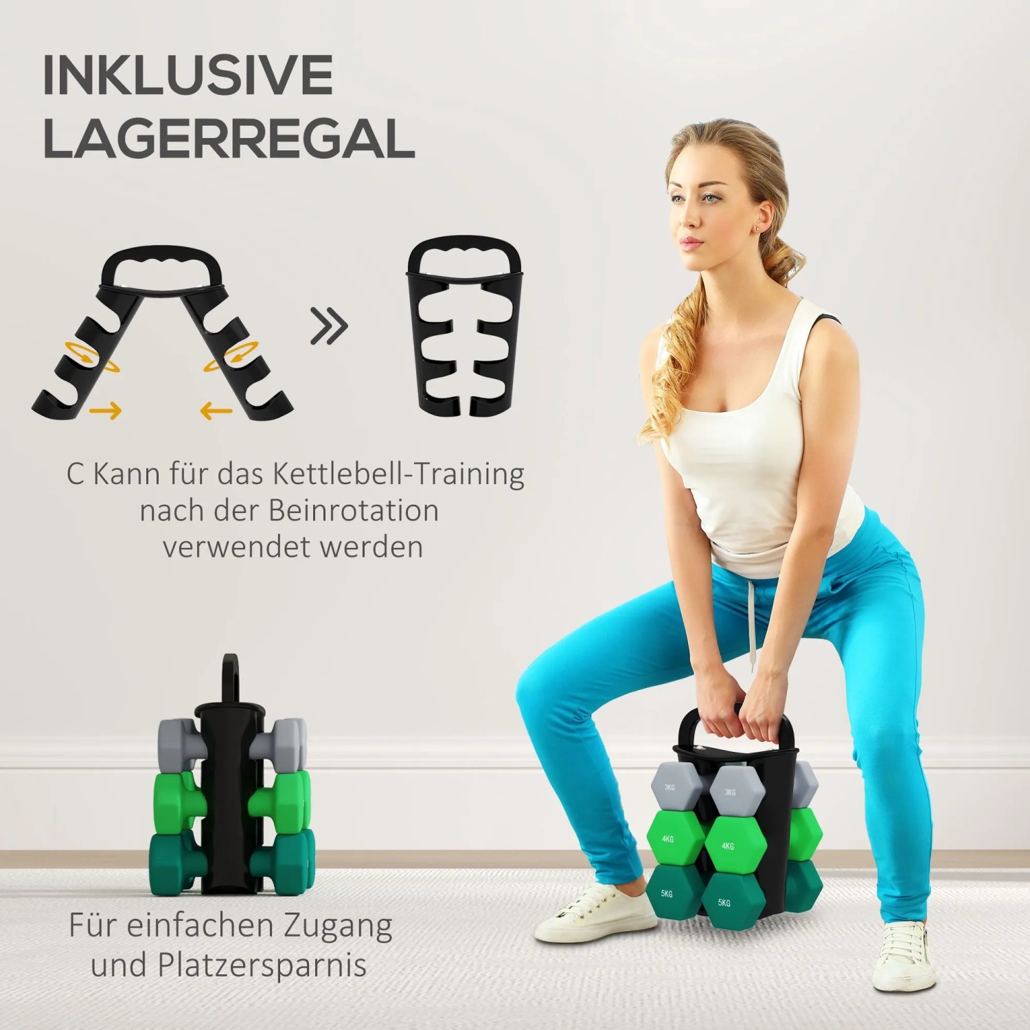 Frau macht Kniebeugen mit SPORTNOW Hantelset auf Ständer. Graue, grüne, türkise Hex-Hanteln (3, 4, 5 kg). Ständer wird zur Kettlebell.